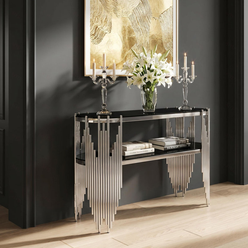 Console argentée avec 2 tablettes en verre trempé noir, table d'entrée ovale moderne pour le couloir et le salon, structure en acier inoxydable poli
