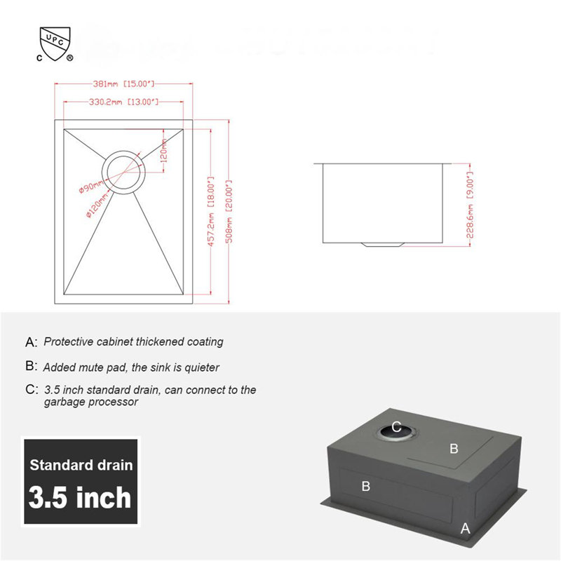 Évier de cuisine encastré 15 po - évier de cuisine encastrable 15 po x 20 po x 9 po en acier inoxydable de calibre 16