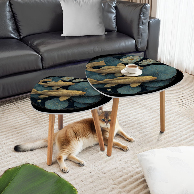 Ensemble de 2 tables basses gigognes triangulaires à motif de carpes aquatiques et de lotus avec table de bout moderne et minimaliste pour salon / chambre à coucher
