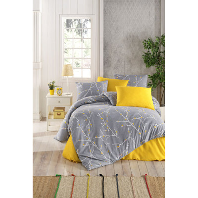 Élégant ensemble de housse de courtepointe simple, gris et jaune, 53,1 po x 78,7 po | 65% coton / 35% polyester, imprimé pigmentaire | Lavable à la machine, housse de couette à enveloppe et housse de couette à contexture 120 fils | Décoration intérieure élégante
