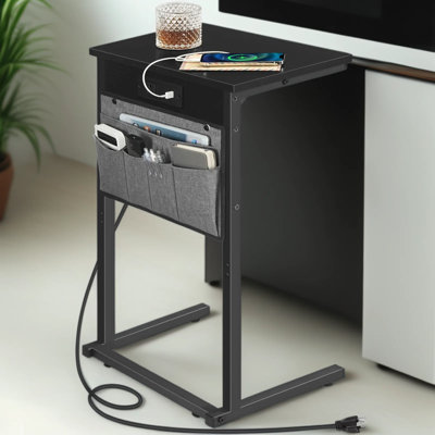 C-Shaped End Table With Charging Station, Slide Under Sofa Side Table With Storage Pouch, Multi-Device AC Outlet And USB Ports For Living Room, Bedroom