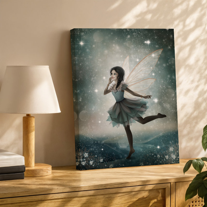Reproduction d'art sur toile représentant une fée fantaisiste, art mural dans une pose dynamique avec toile délicate