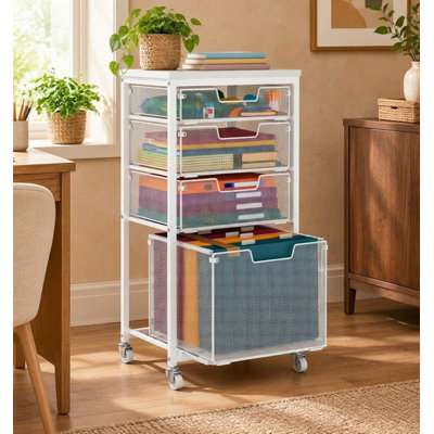 White Wheeled Home-Office File Cart with 4 Drawers and Hanging-File Storage — Fits Under Desks and Doubles as a Mobile Printer Stand
