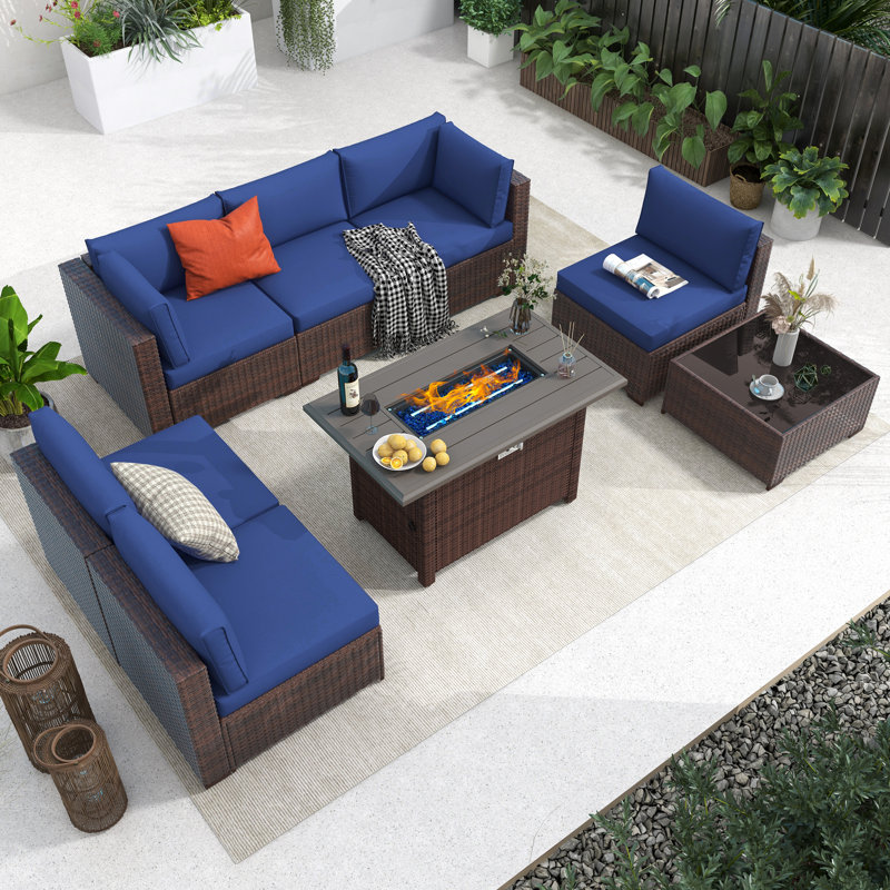 Caydin 6-Person Modular Sectional Seating Group with Fire Pit Table, Gray Frame/Light Gray Cushion, 12.6"H x 25.6"L x 28.7"W 