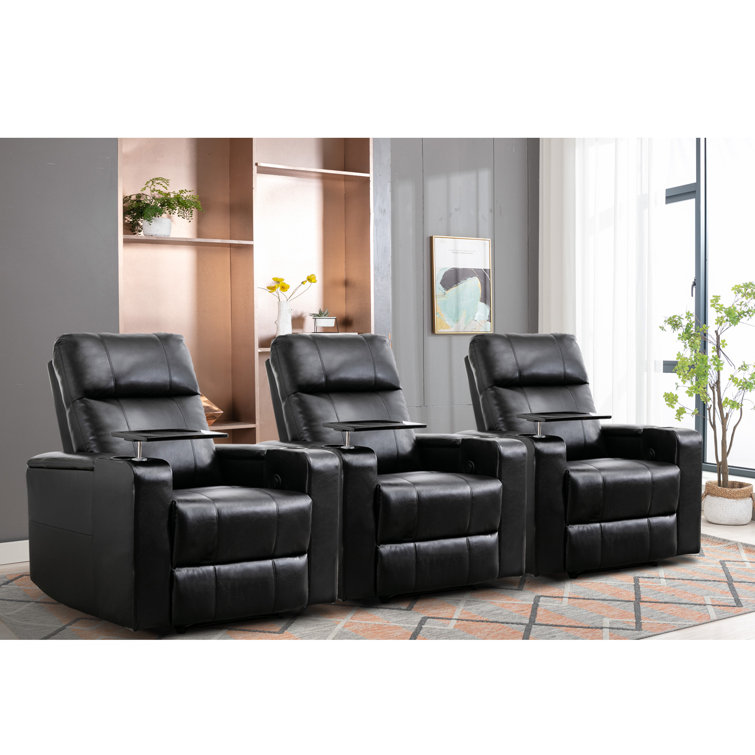 Rugiatu 33.1" Wide Modern Electric Power Breathable Leather Reclining Home Theater Seating with Arm Table and Cup Holders (Set Of 3)