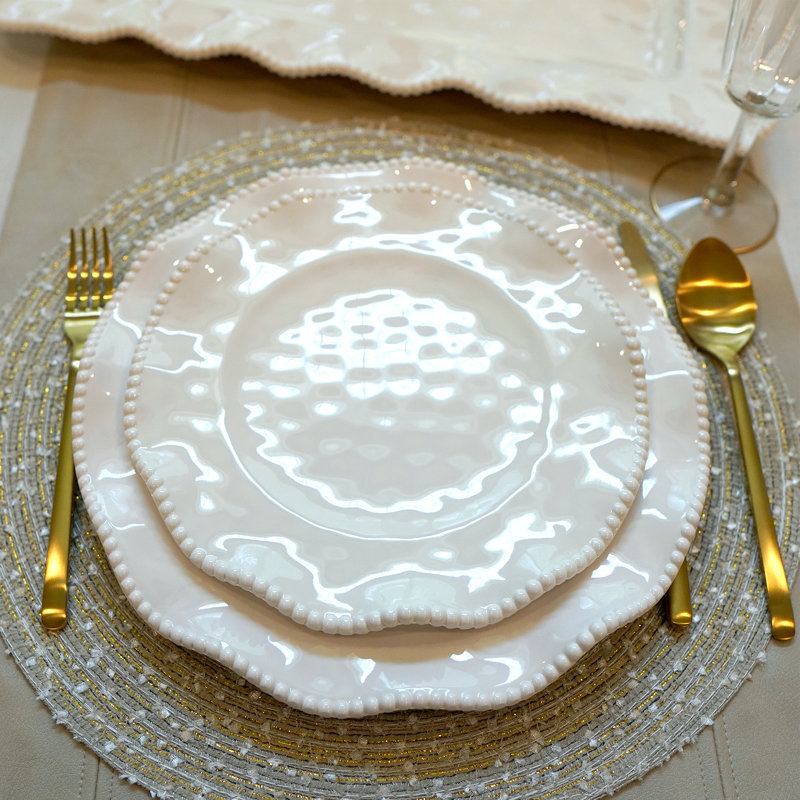 White Melamine 12-Piece Dinnerware Set with Beaded Ruffled Rims