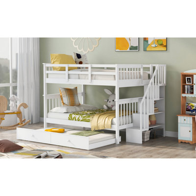 Bunk Bed With Stairway And Twin Trundle - White Storage For Bedroom Full Over Stairway, Snazzy