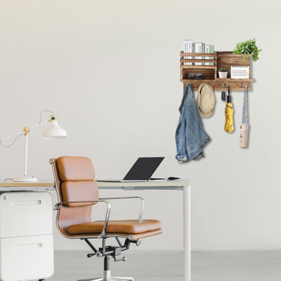 Porte-clés mural, porte-clés en bois massif et organisateur de courrier pour le mur (auto-adhésif ou perceuse), porte-clés à 8 crochets pour le couloir d'entrée, décor de maison de campagne (brun brûlé)