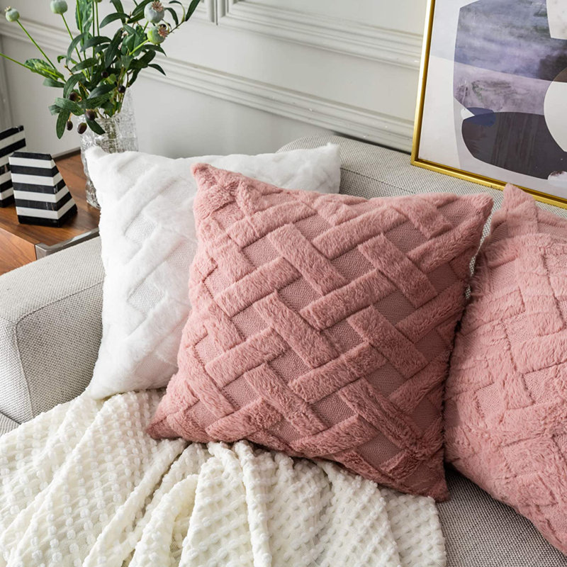 Ensemble de 2 coussins décoratifs en fausse fourrure, Rose poudreux