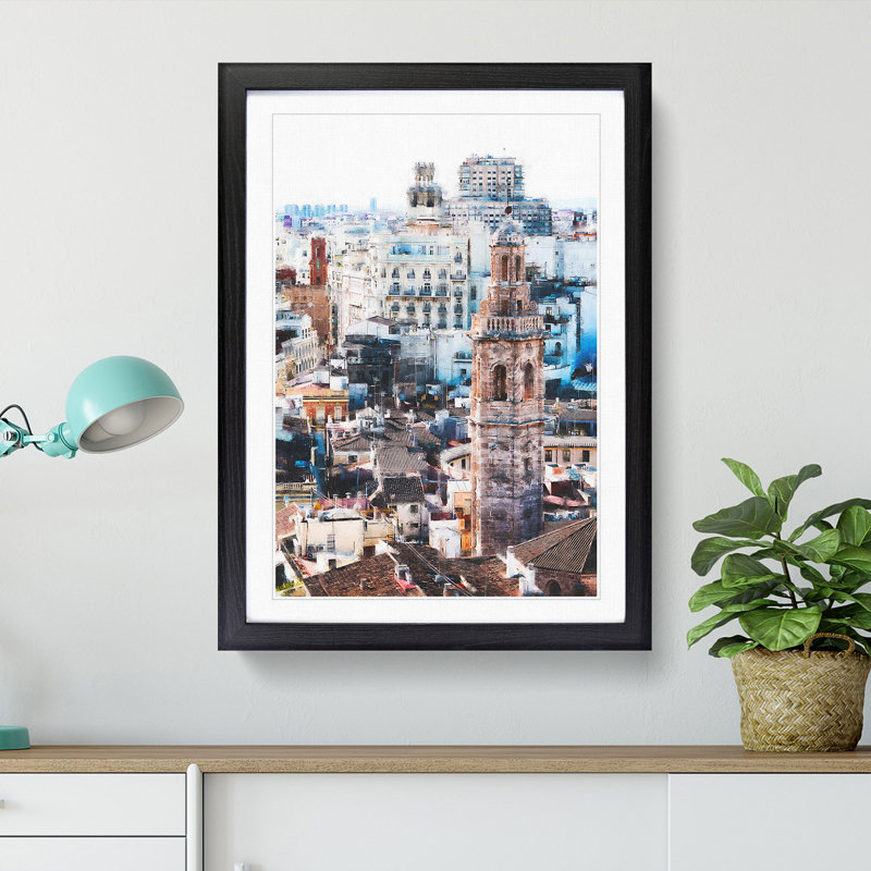 Valencia Skyline in Spain - Framed Print, 63cm H x 45cm W x 2cm D, Black Framed