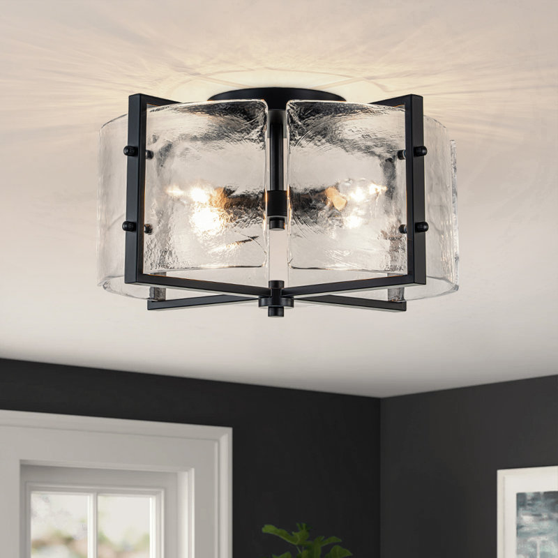 Plafonnier semi-encastré en verre texturé à 4 lumières Sereya, Matte Black