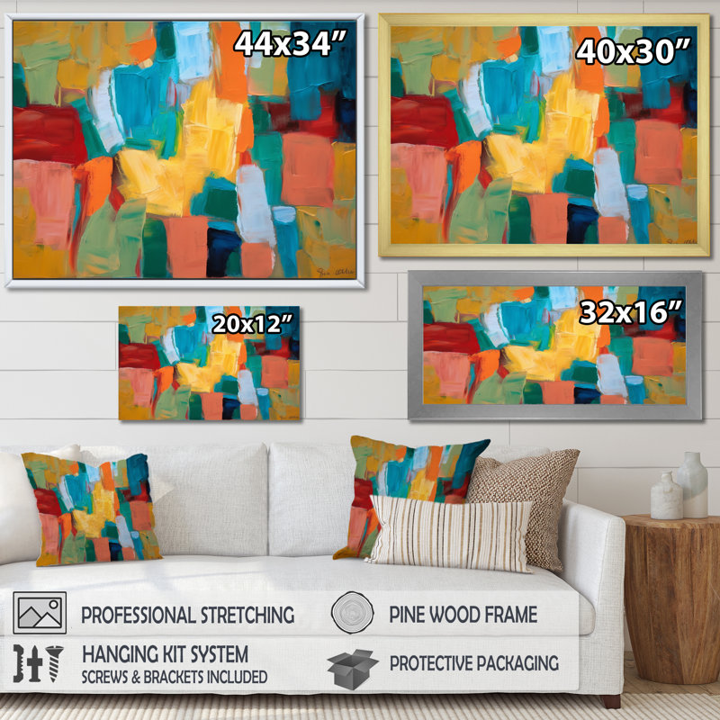 Art mural abstrait sur toile, impression moderne cubiste Colorfields - Vibrant Cubist Colorfields I, 16" H x 32" W