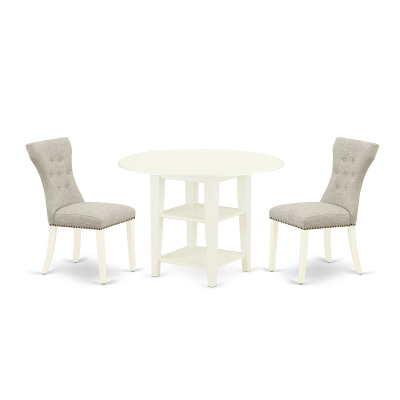 3 Piece Kitchen Table Set for Small Spaces Contains a Round Dining Table with Dropleaf and 2 Doeskin Linen Fabric Upholstered Chairs, Linen White