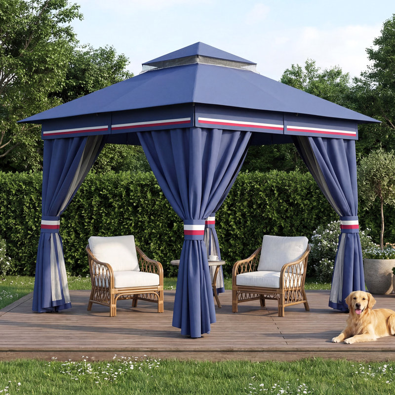 Yardgrace 8'X8' Soft-top Double-Roofed Steel Patio Gazebo, Blue