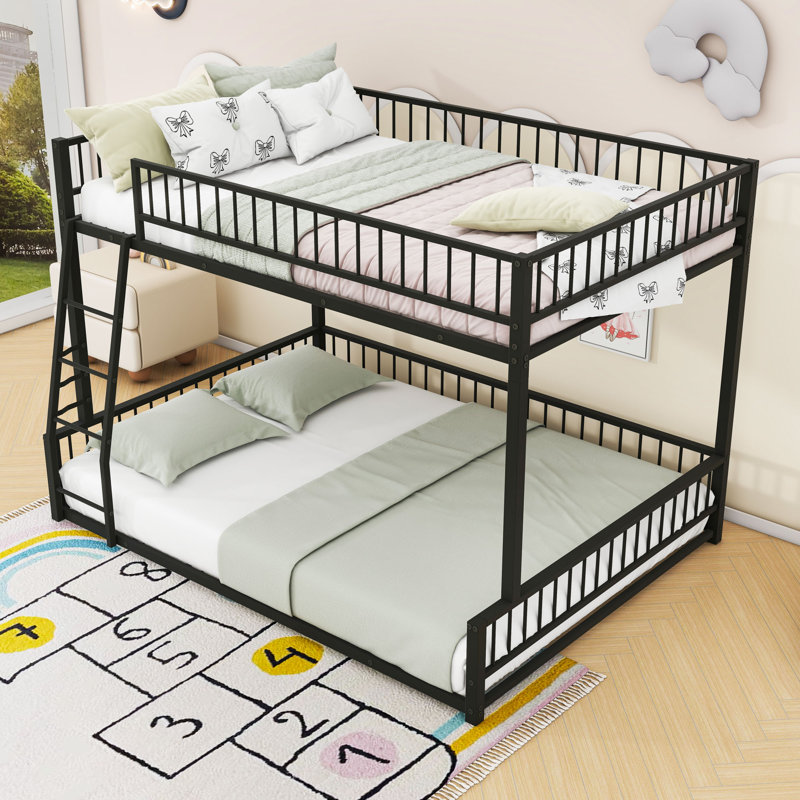 Heavy Duty Metal Bunk Bed Frame With Safety Guardrails And Ladder, Black, Full XL Over Queen