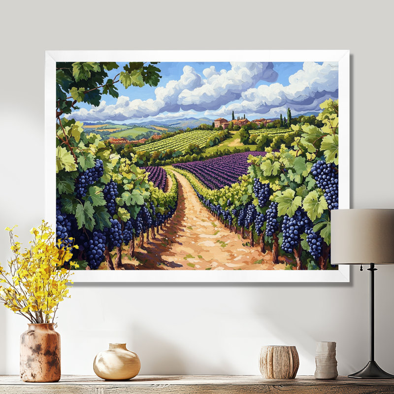 Vineyard In California Summer I - vignoble, art mural, H 16 po x l 32 po, Cadre simple, Blanc
