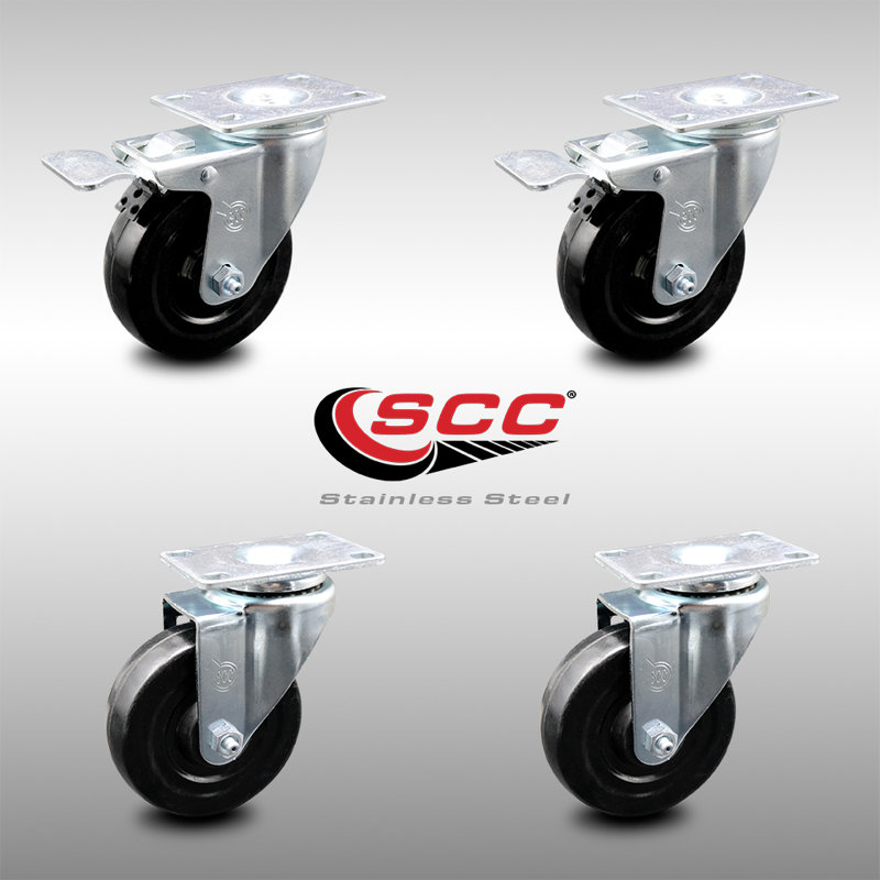 4 Inch SS Hard Rubber Wheel Swivel Top Plate Caster Set 2 Total Lock Brakes SCC