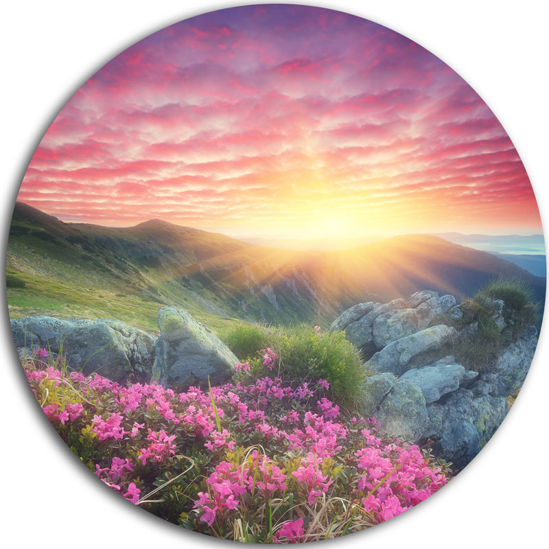 Reproduction de photo sur métal "matinée avec des fleurs dans une montagne", H 23 po x l 23 po x P 1 po