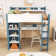 Lit mezzanine double en bois avec tablettes de rangement intégrées et bureau