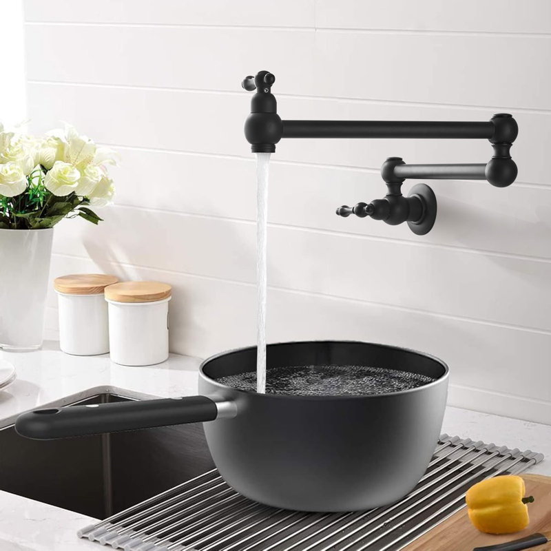 Wall Mounted Pot Filler Folding Kitchen Faucet Retractable Double Joint Swing Arm, Matte Black