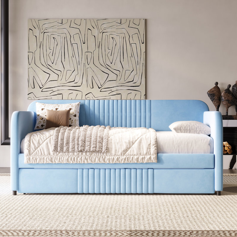 Emeryville Upholstered Daybed with Trundle, Blue