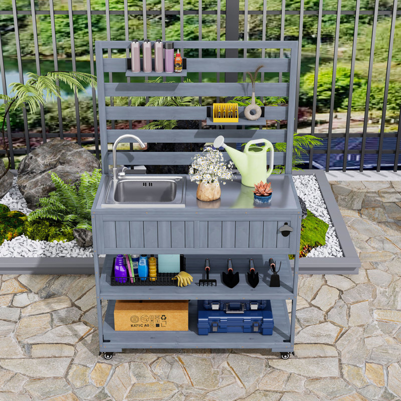 Îlot de cuisine pour patio avec plateau et tablettes en acier inoxydable, Gris
