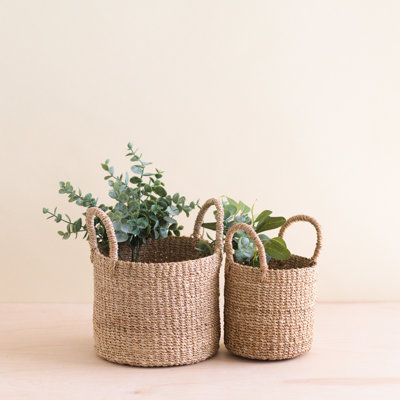 Natural Cylinder Tabletop Basket with Handles, nested set of 2