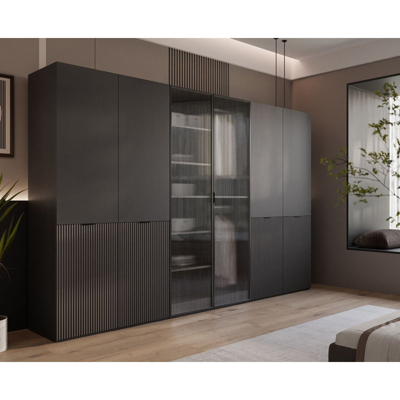 Manufactured Wood Wardrobe, Black Graphite/Fluted Glass