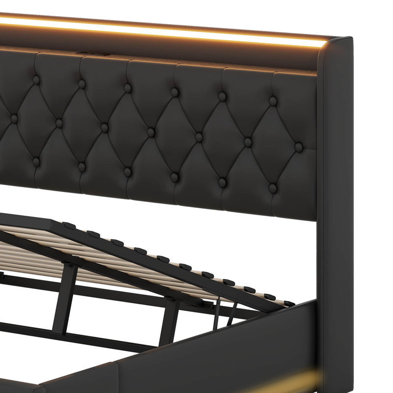 Upholstered Bed, 360 Surround LED Function, Buttons/Apps/Remote Control, Hydraulic Storage Bed With USB Type-C Charging, King