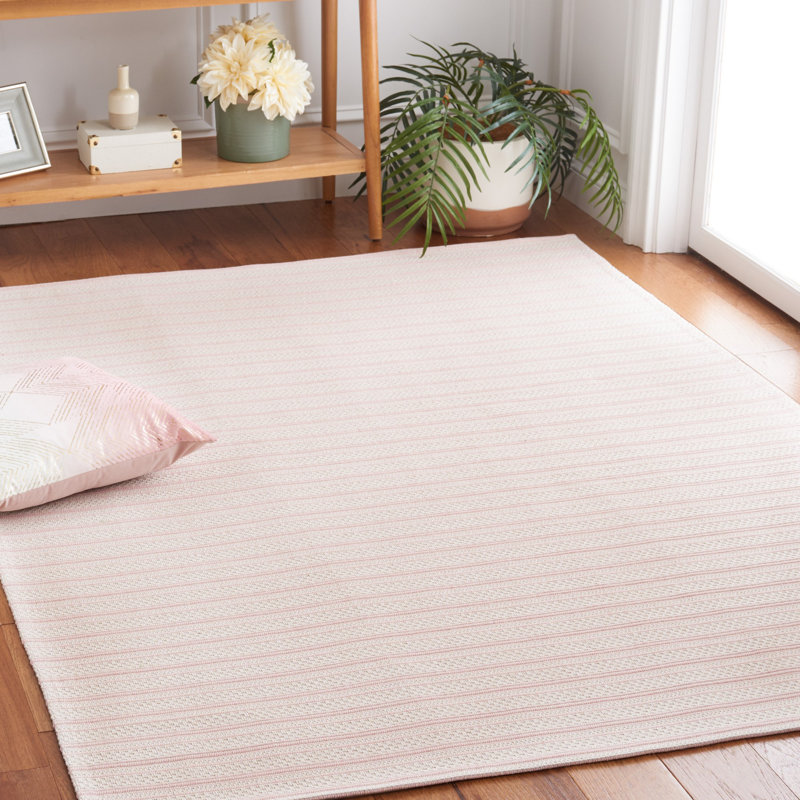 Ivory and Pink Striped Wool Rectangular Rug 5' x 7'