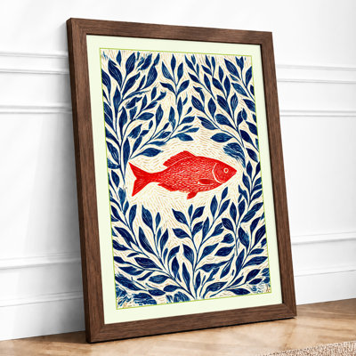 Red Fish in Leaves Mid-Century 1 Piece Single Picture Frame Wall Art