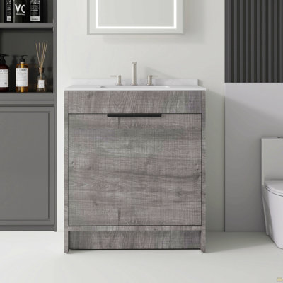 Meuble-lavabo autoportant de 30 pouces avec lavabo, porte à fermeture douce, comptoir et dosseret en marbre de culture blanc de Carrare de 0,6 po, contreplaqué, gris