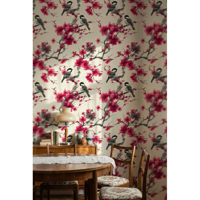 Papier peint floral avec oiseaux, Peler et coller