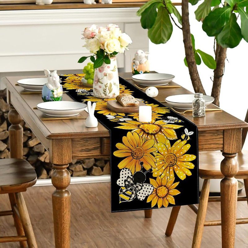 Table Runner - Yellow, Sunflower & Bee Floral, Spring & Summer Table Décor