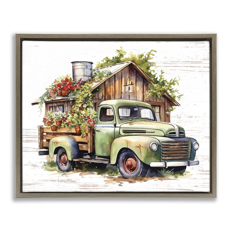 «Rustic Pickup with Greenery», art mural encadré flottant par lettré et doublé, Cadre flottant orme Montalcino