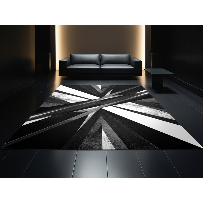 Machine Washable Orlena Modern & Contemporary Geometric Rug in Gray – Black Binding, 5 x 7