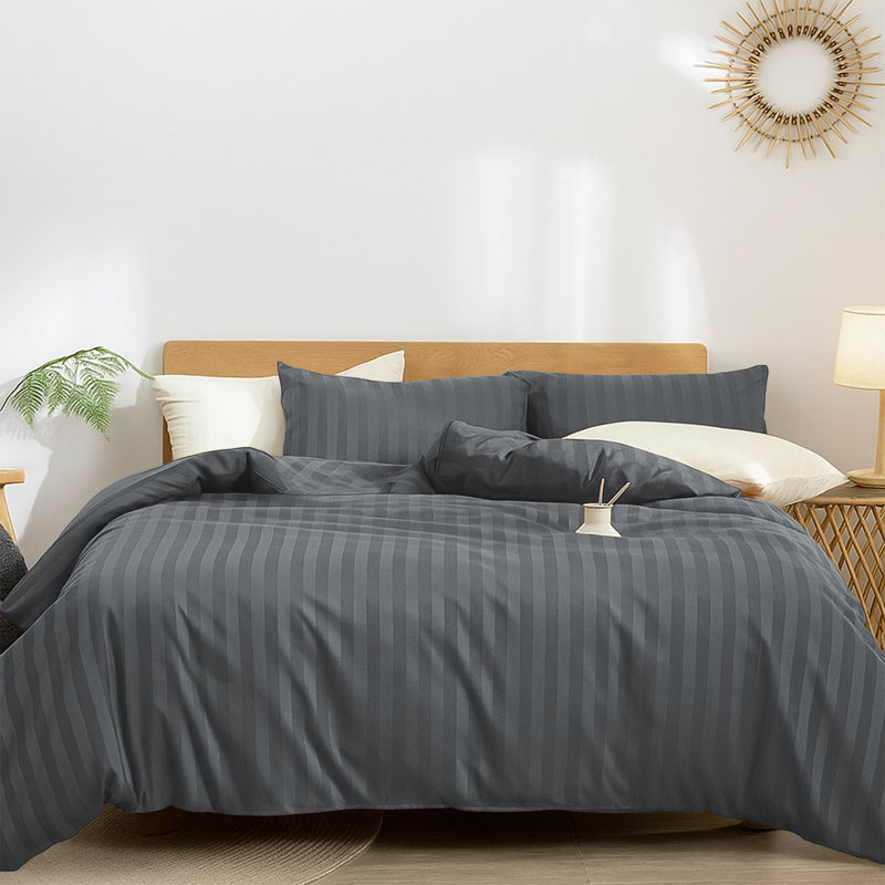 Microfiber Striped Duvet Cover Set with Matching Pillowcases & Fitted Sheet, Grey Striped