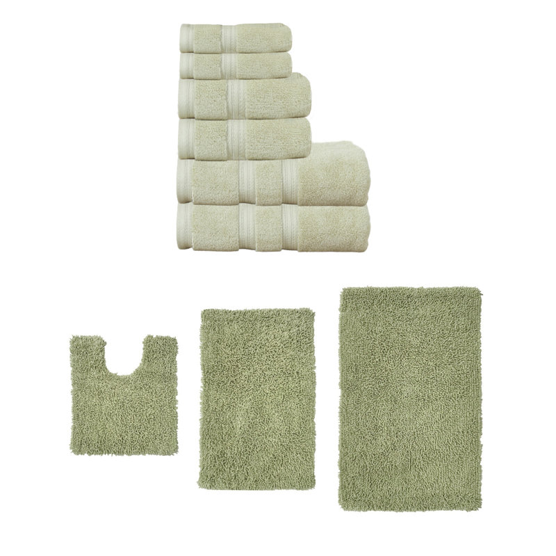Bruno Collection 100% Soft Cotton 6 Pc Towel Set & 3 Pc Bath Rug Set, (Set of 9), Green