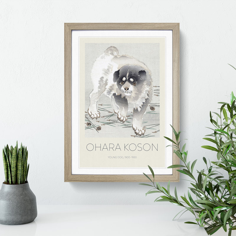 Young Dog Print by Ohara Koson - Picture Frame Painting, 48cm H x 36cm W x 2cm D, Oak