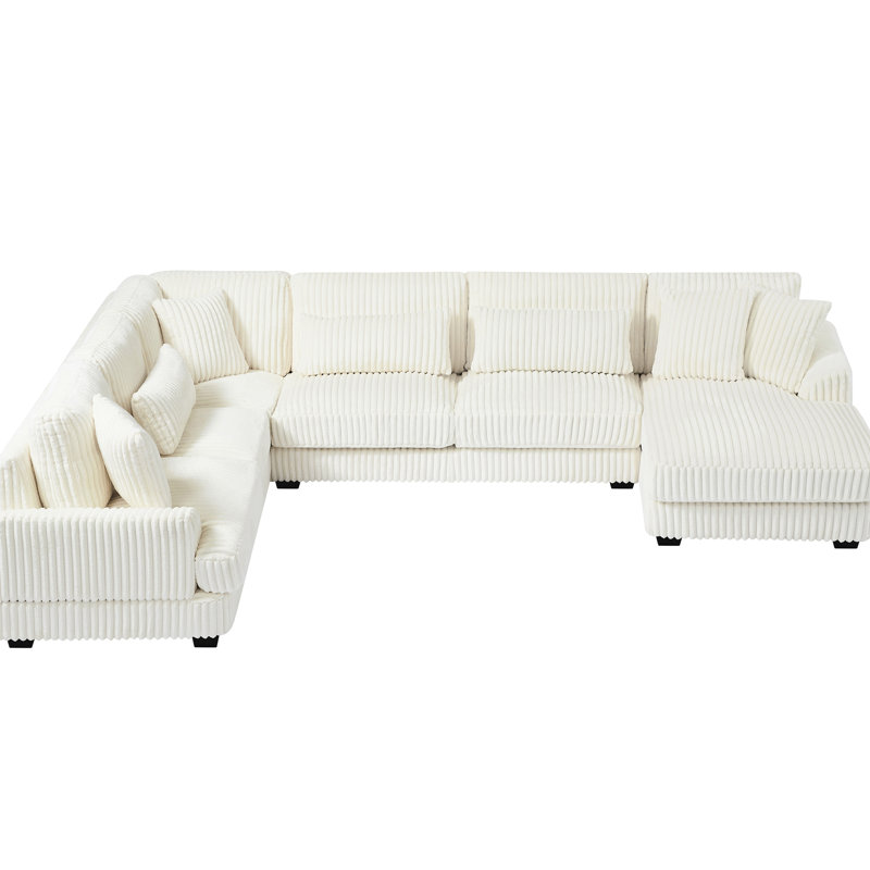 Upholstered U-Shaped Sectional With Beige Corduroy And Lumbar Pillows In Square