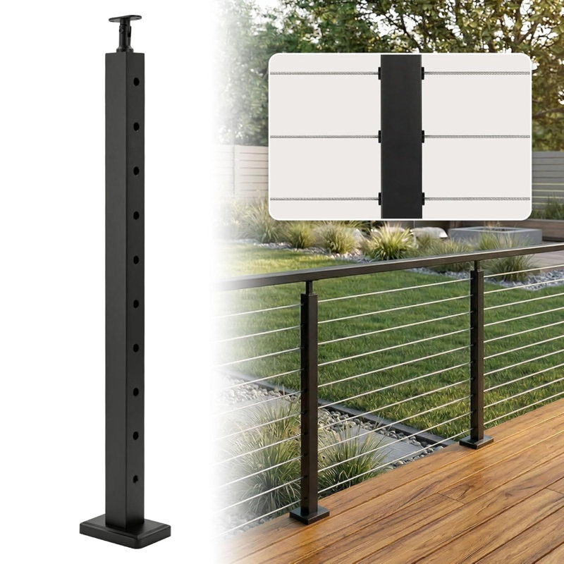 36In Cable Railing Level Post, Horizontal Drilled Deck Cable Railing Post For Deck & Stair Railing System, Matte Black Finish(Level Post)