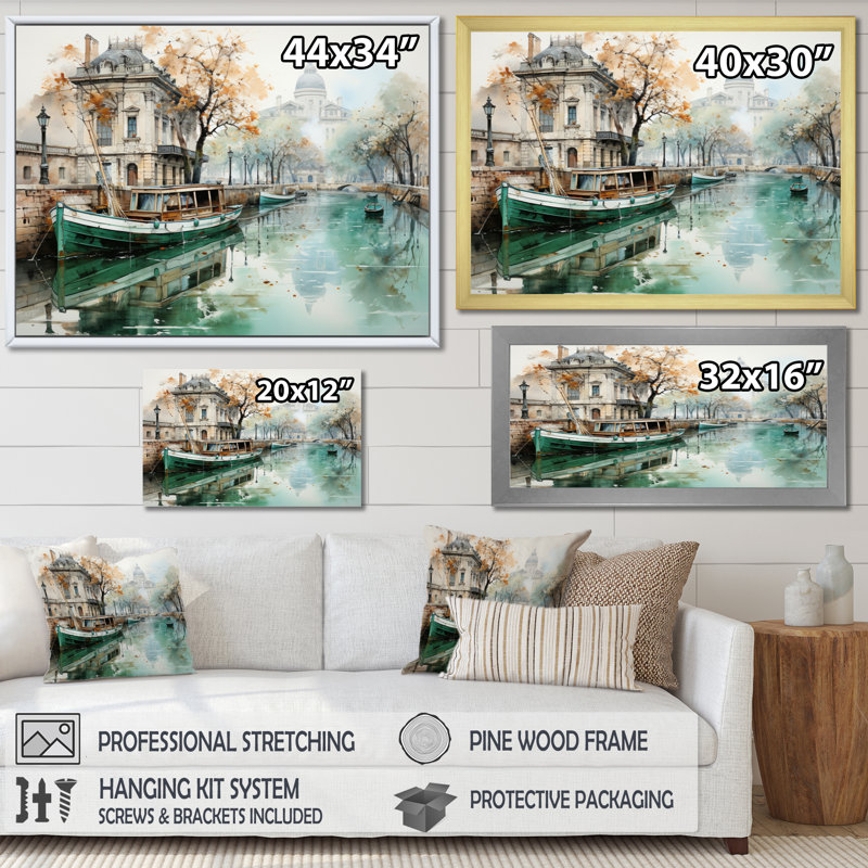 Paris Canal Saintmartin Reflections I - Cityscapes Canvas Wall Art, H 34 po x l 44 po x P 1,5 po, Cadre flottant blanc