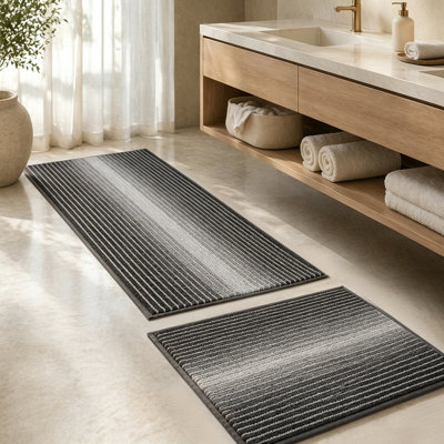 Boho Striped Chenille Bath Mat Set of 2, Absorbent Quick‑Dry Non‑Slip Bathroom Rugs, Machine Washable Shower Floor Carpets for Bathroom & Bedroom Decoration