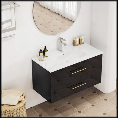 Meuble-lavabo mural avec lavabo, tiroirs doubles, lavabo en céramique, assemblage facile
