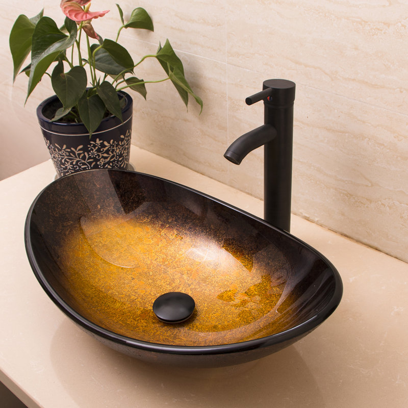Wonline 14.17'' Tempered Glass Oval Bathroom Sink with Faucet, Black/Golden