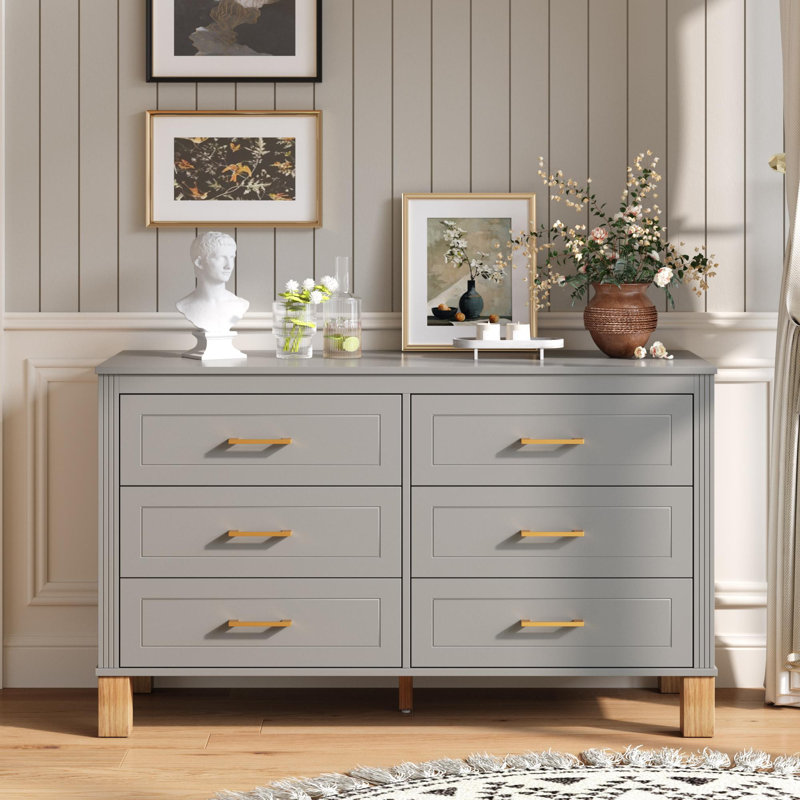 Commode double avec poignées en métal et pieds en bois massif, Gris