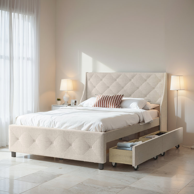 Solid Wood Storage Platform Bed Frame With Headboard And Under Bed Drawers