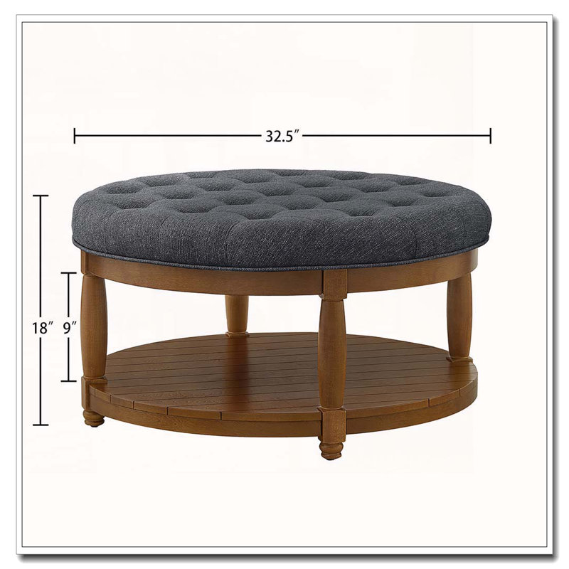 Upholstered Tufted Linen Ottoman Coffee Table, Round, Charcoal1