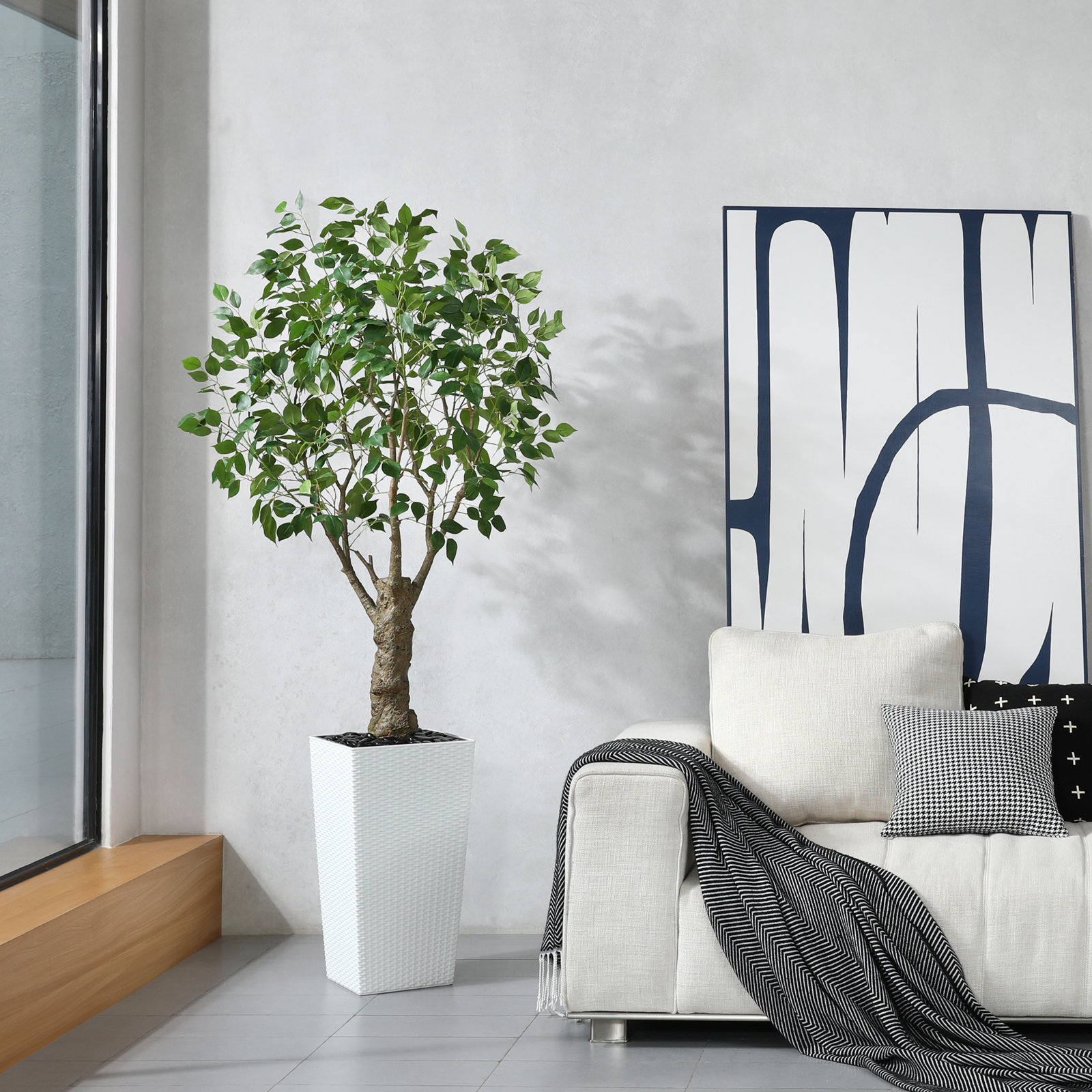 Adcock Artificial Ficus Tree UV Resistant with Tall Planter, Faux Ficus Tree for Outdoor Indoor, 72" H x 24" W x 24" D, White