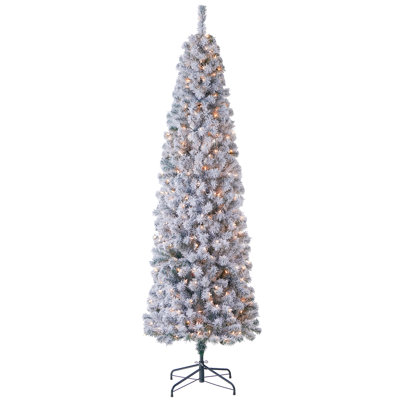7.5ft Pre-Lit Snow Flocked Pencil Christmas Tree with 350 Clear Warm Lights - Slim Artificial Xmas Tree for Festive Home Decor